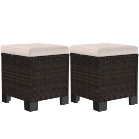 2 Pieces Wicker Outdoor Ottomans with Cushions, Rattan Ottoman Footrest & Side Table for Patio Yard Poolside, Cream