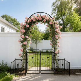 Metal Garden Arch with Gate 79.5'' Wide x 86.6'' High Climbing Plants Support Rose Arch Outdoor Black