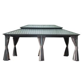12' X 20' Hardtop Gazebo, Aluminum Metal Gazebo with Galvanized Steel Double Roof Canopy, Curtain and Netting, Permanent Gazebo Pavilion for Pati (Color: as Pic)