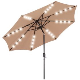 10ft Solar Polyester 32 LED Lighted Patio Umbrella with Tilt Adjustment and UV-Resistant Fabric (Color: Khaki)